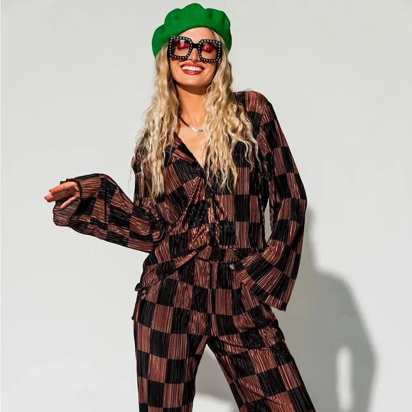 Dressed in lala long sleeve plisse pleated checkered button down satin shirt - Picture 2 of 7